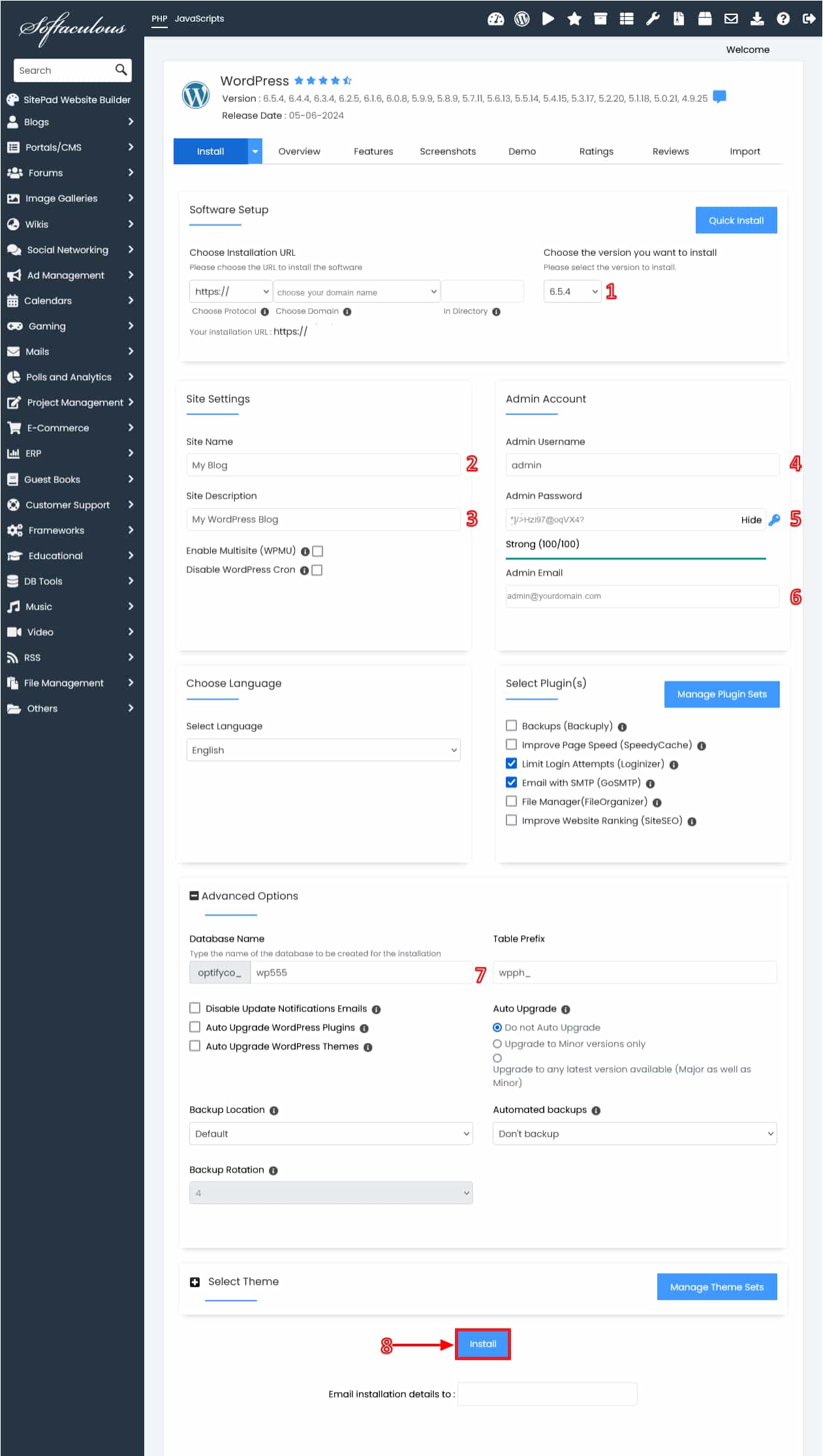 Softaculous WordPress Installation Form Details