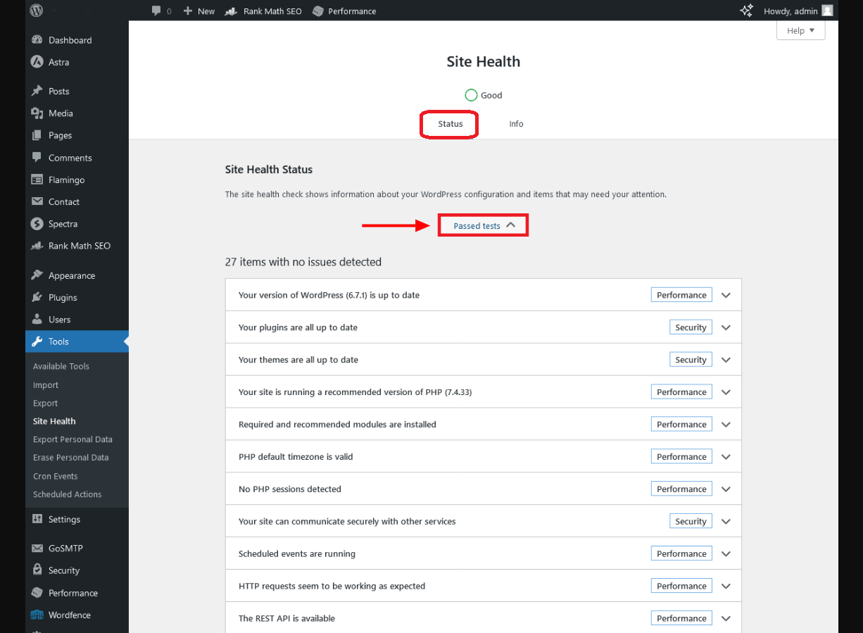 Screenshot of WordPress Site Health Passed Tests