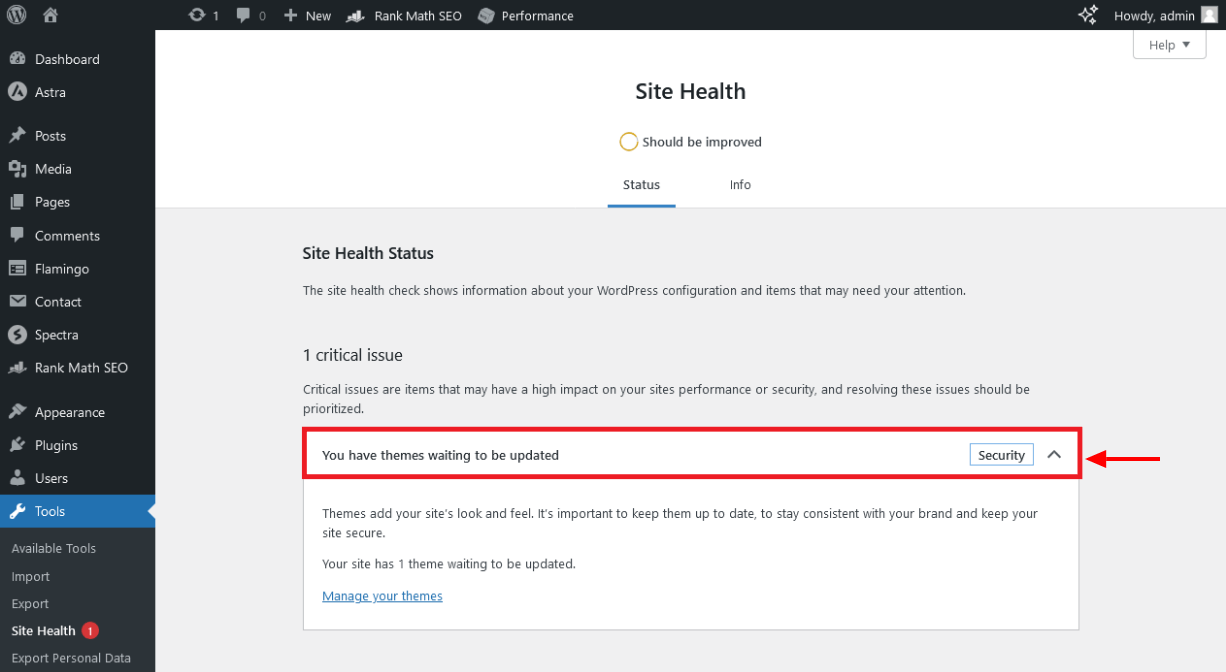 Site Health Notification Showing Outdated Theme