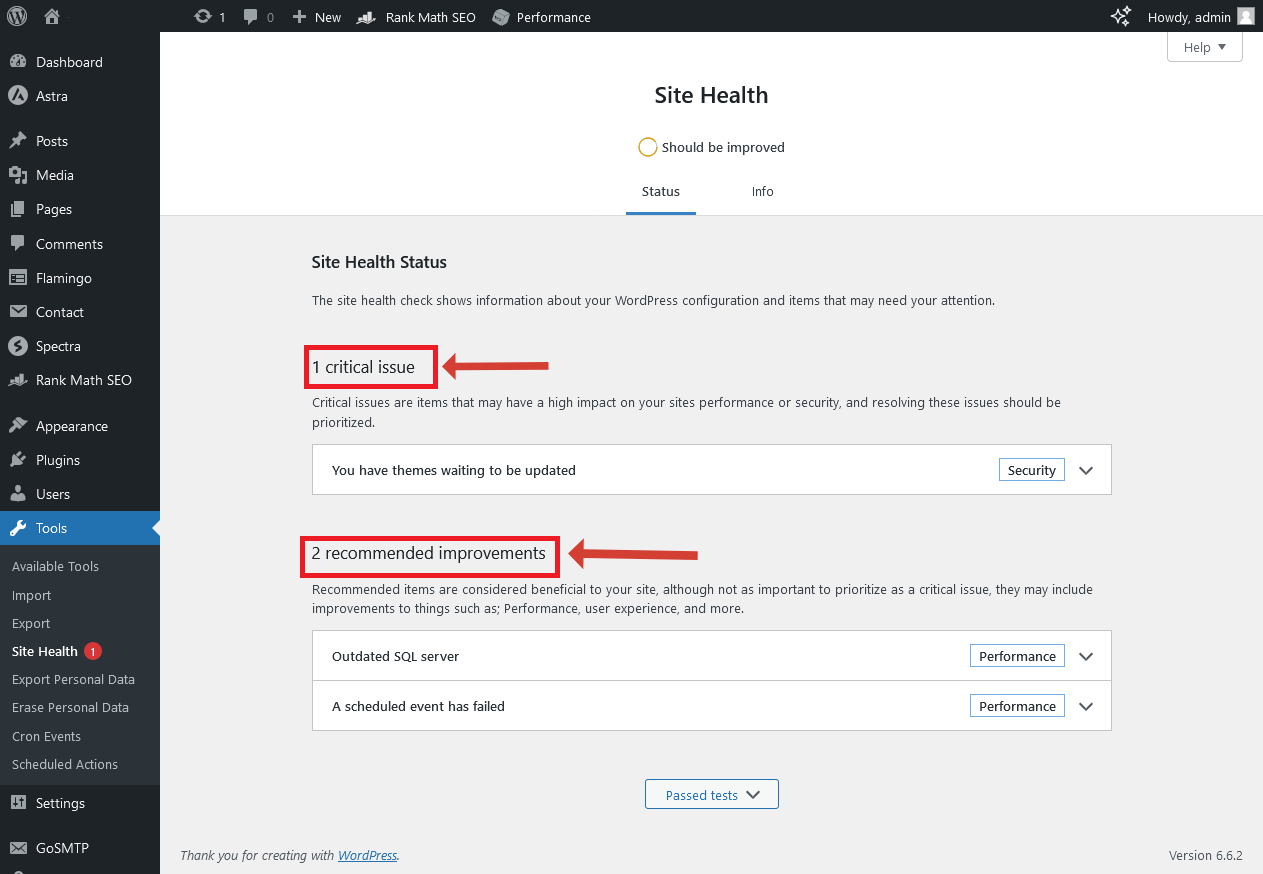 Site Health Screenshot of Critical Issues and Recommend Improvements