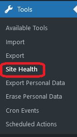 WordPress Dashboard Menu Options for Site Health Page