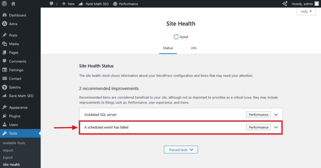 WordPress Site Health Error stating - A scheduled event has failed