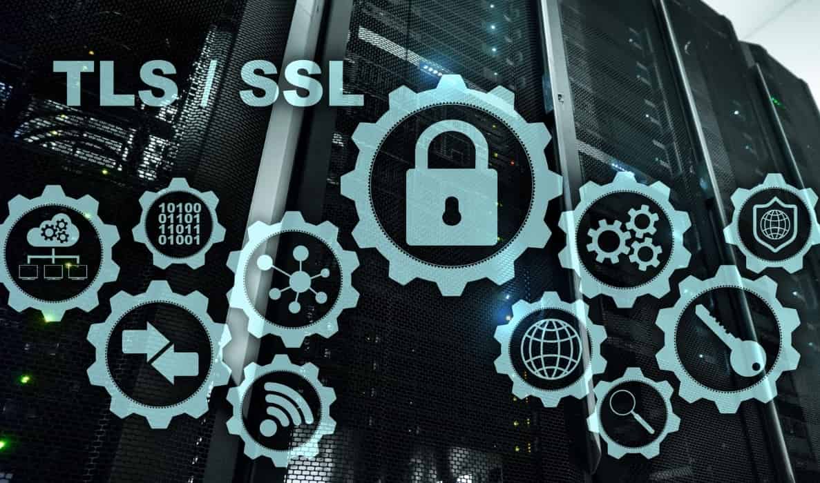 Graphic with TLS/SSL text over server racks with security and networking gear icons, featuring a large central padlock.