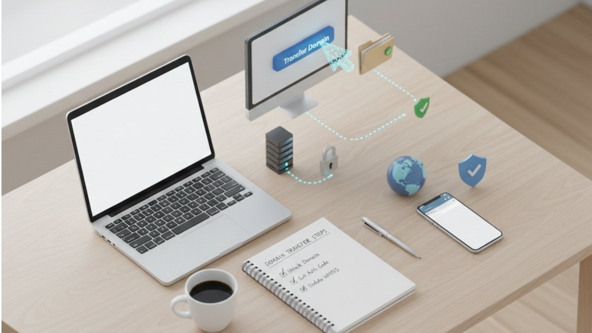 Desk with laptop and monitor showing “Transfer Domain,” plus server, lock, globe, and security icons illustrating domain transfer.